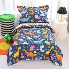 img 4 attached to Wowelife Grey Blue Dinosaur Toddler Bed Set - 4 Piece Comforter, Flat Sheet, Fitted Sheet, and Pillowcase for Boys