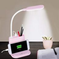 📚 novolido led desk lamp with usb charging port & pen holder, stepless dimming & 2 color modes, 360° flexible metal hose, mini cute lamp for college dorm bedroom reading (pink 1) логотип