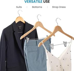 img 1 attached to Premium Wooden Suit Hangers for Skirts (Pack of 20) - Sturdy Wood Pants Hangers with Adjustable Metal Clips, 360° Swivel Hook, Shoulder Notches for Dresses, Coats, Jackets, Blouses