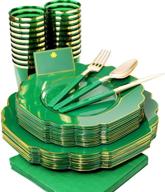 🎄 premium nervure 140pcs green plastic plates with elegant gold rim & green plastic silverware set: perfect christmas tableware package with 20 dinner plates, 20 dessert plates, 20 cups, 20 forks, 20 knives, 20 spoons, and 20 napkins logo