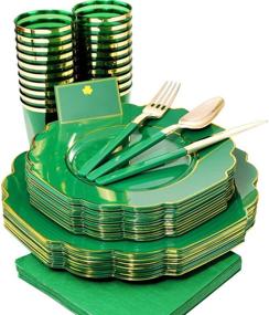 img 4 attached to 🎄 Premium Nervure 140PCS Green Plastic Plates with Elegant Gold Rim & Green Plastic Silverware Set: Perfect Christmas Tableware Package with 20 Dinner Plates, 20 Dessert Plates, 20 Cups, 20 Forks, 20 Knives, 20 Spoons, and 20 Napkins