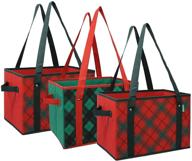 🛍️ earthwise deluxe collapsible reusable shopping box grocery bag set with reinforced bottom plaid holiday xmas christmas design storage boxes bins cubes (set of 3) (holiday) логотип