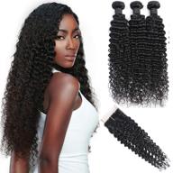 💇 8a unprocessed virgin brazilian human hair extensions - deep wave bundles with closure (14 16 18+12) - natural black, deep wave curly hair, 4x4 inch swiss lace closure logo