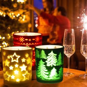 img 3 attached to 🕯️ Rancco Christmas Tealight Candle Holders - Set of 3 | Festive Indoor Xmas Decor Tea Light Candle Jars for Centerpieces & Party Decoration | Votive Candle Holders with Elk, Christmas Tree, and Stars Designs | Dimensions: 3.3x2.6in