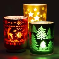 🕯️ rancco christmas tealight candle holders - set of 3 | festive indoor xmas decor tea light candle jars for centerpieces & party decoration | votive candle holders with elk, christmas tree, and stars designs | dimensions: 3.3x2.6in logo