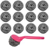 🧼 12pcs stainless steel scourer scrub pad with plastic handle - efficient grease, oil, and dirt remover for kitchen cleaning - ideal for pots, dishes, and bakeware in household and restaurants logo