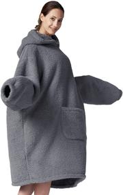 img 1 attached to 🧥 Hansleep Oversized Sherpa Hooded Wearable Blanket Jacket for Women and Men - Comfy Snuggie Sweatshirt Robe, Sweater Blanket with Hood, Keeping You Warm and Cozy - Medium Size (Grey, 35x44 Inch)