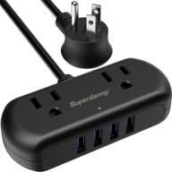 💪 superdanny power strip with usb ports, mini desktop charging station with 2 outlets & 4 usb ports, 5ft portable flat plug extension cord for travel, dorm, room, home office essentials, black logo