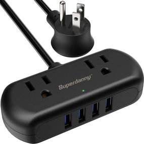 img 4 attached to 💪 SUPERDANNY Power Strip with USB Ports, Mini Desktop Charging Station with 2 Outlets & 4 USB Ports, 5ft Portable Flat Plug Extension Cord for Travel, Dorm, Room, Home Office Essentials, Black