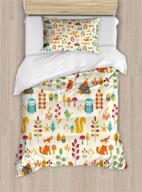 🦉 kids autumn animal duvet cover set, owl fox squirrel birds leaves print, decorative 2 piece bedding set with 1 pillow sham, twin size, cream orange by ambesonne logo