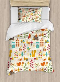 img 2 attached to 🦉 Kids Autumn Animal Duvet Cover Set, Owl Fox Squirrel Birds Leaves Print, Decorative 2 Piece Bedding Set with 1 Pillow Sham, Twin Size, Cream Orange by Ambesonne