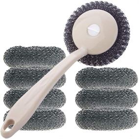 img 2 attached to 8-Piece Kitchen Stainless Steel Sponges Scourer Set with Handle: Pot 🧽 Brush, Large Scrubbers, Nordic Beige - Effective Metal Scouring Pads for Kitchen Cleaning