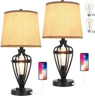 💡 trlife set of 2 dimmable industrial table lamps with usb charging ports and fabric lampshade - perfect for living room and bedroom decor (includes 4 dimmable bulbs) логотип