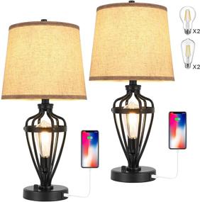 img 4 attached to 💡 TRLIFE Set of 2 Dimmable Industrial Table Lamps with USB Charging Ports and Fabric Lampshade - Perfect for Living Room and Bedroom Decor (Includes 4 Dimmable Bulbs)