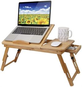 img 4 attached to 📚 Adjustable Bamboo Laptop Desk Tray for Bed and Sofa, Portable Laptop Stand Table with Tilting Top Storage Drawer, Enhanced Heat Dissipation, Ideal for Working, Watching Movies, and Breakfast Serving