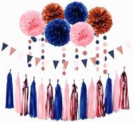 23pcs gender-reveal party decoration kit: navy blue, pink, rose gold paper flowers, banner flags, circle banner, tassel garland - perfect for birthdays, bachelorettes, bridal showers, and engagements! logo