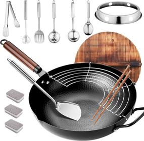 img 4 attached to 🍳 13'' Carbon Steel Wok Pan with Lid, Handle, and Cooking Utensils - Tazoda Stir Fry Chinese Wok for All Stoves, Nonstick and Flat Bottom