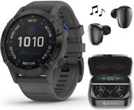 🌞 garmin fenix 6 pro solar premium multisport gps smartwatch bundle - includes wearable4u ultimate black earbuds with charging power bank case (black/slate gray band) logo