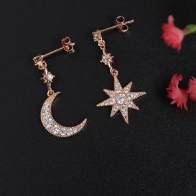 img 1 attached to ⭐✨ Exquisite Moon Star Dangle Earrings for Women Girls - Chic Asymmetrical Star Moon Earring with CZ Crescent Drops, Made of S925 Sterling Silver, Rose Gold Plated Ear Studs - Elegant and Delicate Women Jewelry