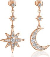 ⭐✨ exquisite moon star dangle earrings for women girls - chic asymmetrical star moon earring with cz crescent drops, made of s925 sterling silver, rose gold plated ear studs - elegant and delicate women jewelry logo