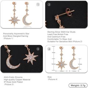 img 3 attached to ⭐✨ Exquisite Moon Star Dangle Earrings for Women Girls - Chic Asymmetrical Star Moon Earring with CZ Crescent Drops, Made of S925 Sterling Silver, Rose Gold Plated Ear Studs - Elegant and Delicate Women Jewelry