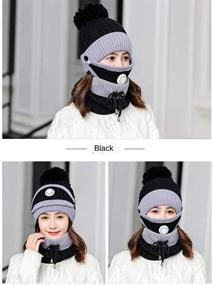 img 1 attached to 🧣 Womens Pom Beanie Hat Set with Scarf and Mask Cover - Cozy Girls Knitted Winter Beanie with Fleece Lining