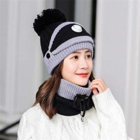 img 3 attached to 🧣 Womens Pom Beanie Hat Set with Scarf and Mask Cover - Cozy Girls Knitted Winter Beanie with Fleece Lining