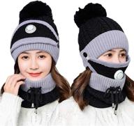 🧣 womens pom beanie hat set with scarf and mask cover - cozy girls knitted winter beanie with fleece lining logo