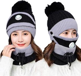 img 4 attached to 🧣 Womens Pom Beanie Hat Set with Scarf and Mask Cover - Cozy Girls Knitted Winter Beanie with Fleece Lining