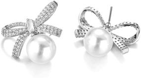 img 2 attached to 💎 Silver Ribbon Bow Crystal Rhinestones White Pearl Stud Earrings by Jones New York