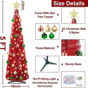 img 3 attached to 🎄 5 Ft Pop Up Christmas Tinsel Tree with Timer | 50 Color Lights | Pre-lit Tree Decoration with Ball Ornaments | Battery Operated Xmas Decor for Home | Indoor Red Holiday Décor