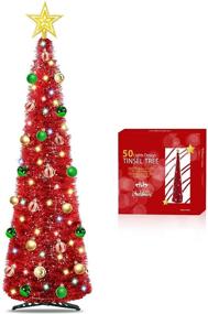 img 4 attached to 🎄 5 Ft Pop Up Christmas Tinsel Tree with Timer | 50 Color Lights | Pre-lit Tree Decoration with Ball Ornaments | Battery Operated Xmas Decor for Home | Indoor Red Holiday Décor