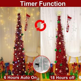 img 2 attached to 🎄 5 Ft Pop Up Christmas Tinsel Tree with Timer | 50 Color Lights | Pre-lit Tree Decoration with Ball Ornaments | Battery Operated Xmas Decor for Home | Indoor Red Holiday Décor