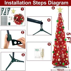img 1 attached to 🎄 5 Ft Pop Up Christmas Tinsel Tree with Timer | 50 Color Lights | Pre-lit Tree Decoration with Ball Ornaments | Battery Operated Xmas Decor for Home | Indoor Red Holiday Décor