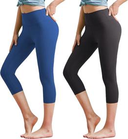 img 4 attached to 👖 High Waisted Tummy Control Black Yoga Pants: 2 Pack Capri Leggings for Women - Perfect for Running, Cycling, and Exercise