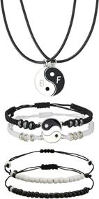 img 4 attached to 🔗 Yin Yang Couples Bracelets Set - 6 Pack with Adjustable Braided Cord, Necklace and Black/White Beads – Ideal BFF Friendship, Valentine's, Boyfriend/Girlfriend Relationship Gifts