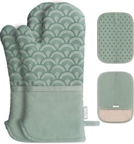 img 4 attached to 🧤 KIYA Oven Mitts and Pot Holders Sets - Heat Resistant Oven Gloves with 100% Cotton Non-Slip Silicone for Cooking Baking Grilling (4-Piece Sets Green)