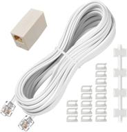 📞 25 ft phone extension cord with rj11 plug, 1 in-line couplers, 20 cable clip holders - white telephone cable logo