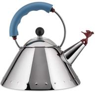 🔵 alessi kettle, 9-inch height x 8.5-inch width x 8.5-inch depth, blue color, model 9093 logo