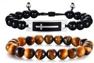 🐯 stylish gamtic tiger eye men's bracelet with cross - 8mm black agate/white/chakra yoga healing stone beads: adjustable & perfect stress relief gift logo