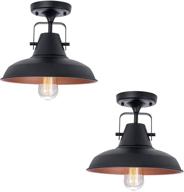 🏭 vintage rustic semi flush mount ceiling light fixture set of 2 - industrial farmhouse lighting for stairway, foyer, kitchen, porch entryway - black metal shade, 2 pack логотип