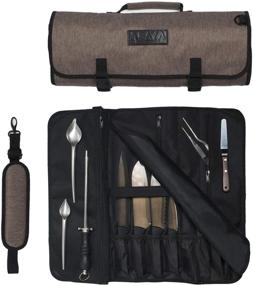 img 4 attached to Сумка для ножей Asaya Chef Knife Roll Bag - 20 карманов для ножей и кухонных принадлежностей - герметичный восковой нейлон - идеально подходит для шеф-поваров и студентов кулинарного искусства - ножи не включены (коричневая)