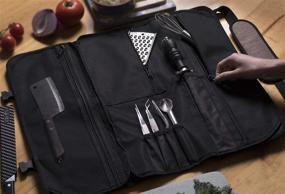 img 2 attached to Сумка для ножей Asaya Chef Knife Roll Bag - 20 карманов для ножей и кухонных принадлежностей - герметичный восковой нейлон - идеально подходит для шеф-поваров и студентов кулинарного искусства - ножи не включены (коричневая)