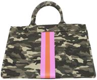 milly kate camouflage tote handbag: stylish, trendy, preppy, exclusive 🌸 designer purse with pink and orange stripes, detachable strap, and inside pockets logo