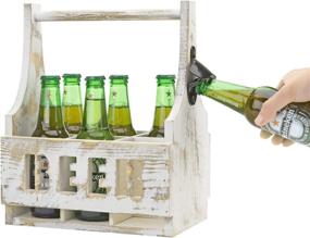 img 4 attached to 🍺 MyGift 6-Bottle Wood Beer Bottle Holder: Portable Carrier Caddy with Handle & Shabby White Washed Finish