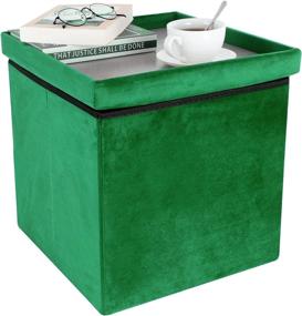 img 4 attached to Folding Storage Ottoman with Tray: Practical 15 Inch Cube Velvet Fabric RV Ottoman with Drink Holder, Coffee Table, Toddler Toys, Boots Bench Footrest Stool for Living Rooms, Bedrooms, Camper – Black Green Elegance