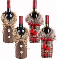 🍷 4-piece dtdr christmas wine bottle covers with faux fur collar and button coat design – sweater linen plaid wine bottle dress clothes, perfect xmas party decorations and wine bottle bags логотип