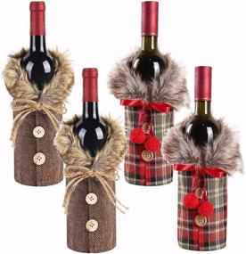 img 4 attached to 🍷 4-Piece DTDR Christmas Wine Bottle Covers with Faux Fur Collar and Button Coat Design – Sweater Linen Plaid Wine Bottle Dress Clothes, Perfect Xmas Party Decorations and Wine Bottle Bags