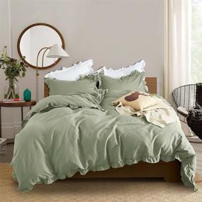 img 4 attached to 🌿 Farmhouse Vintage Ruffle Duvet Cover Set in Solid Sage - Full Size, 3-Piece Shabby Chic Microfiber Comforter Cover with Lightweight Fringe - Soft and Elegant Quilt Cover