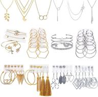 💎 stylish set of 51 gold and silver jewelry pieces: 6 necklaces, 9 bracelets, and 36 layered ball dangle hoop stud earrings for women. perfect fashion and valentine birthday party gift. logo